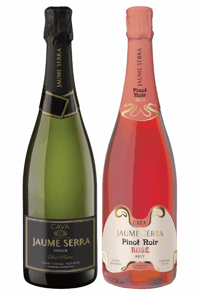 Two bottles of Jaume Serra Cava wine: one is a green bottle of Vintage Brut and the other is a pink bottle of Pinot Noir Rosé Brut, both with decorative gold and cream labels.