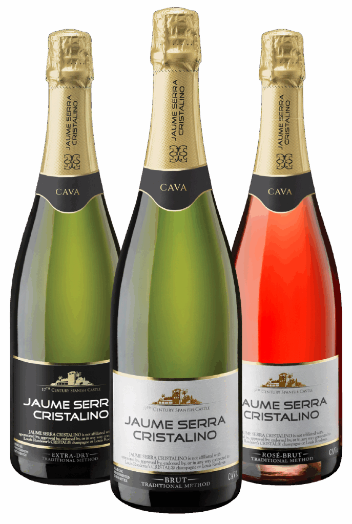 Three bottles of Jaume Serra Cristalino cava are displayed: two with green glass and gold labels (brut and extra dry), and one with a clear bottle and pink rosé cava, all with gold foil on the necks.