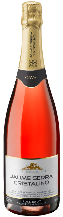 A bottle of Jaume Serra Cristalino Rosé Brut sparkling wine with a gold foil top and a white label displaying the name and details in black and gold text. The wine is a vibrant pink color.