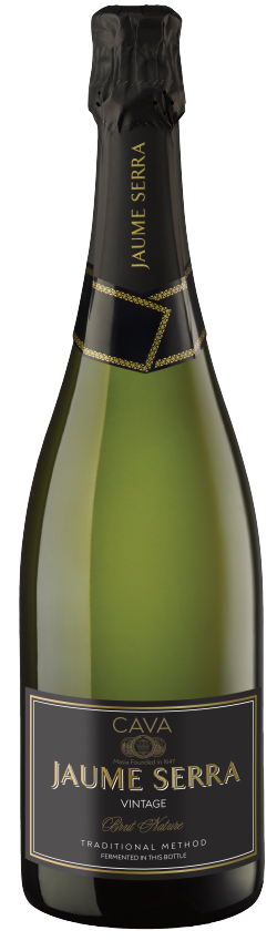 A bottle of Jaume Serra Cava Vintage sparkling wine with a dark foil-wrapped top and a black and gold label. The bottle is upright on a plain, light background.