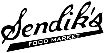 Black and white logo with the cursive text Sendiks above a black ribbon containing the words FOOD MARKET in white capital letters.