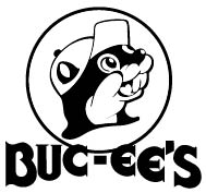 Black and white Buc-ee’s logo featuring a cartoon beaver wearing a baseball cap, inside a circle, with the text “BUC-EE’S” in bold letters below the image.