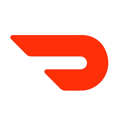 A bold, red, stylized D logo with a thick, curved shape on a light gray background.